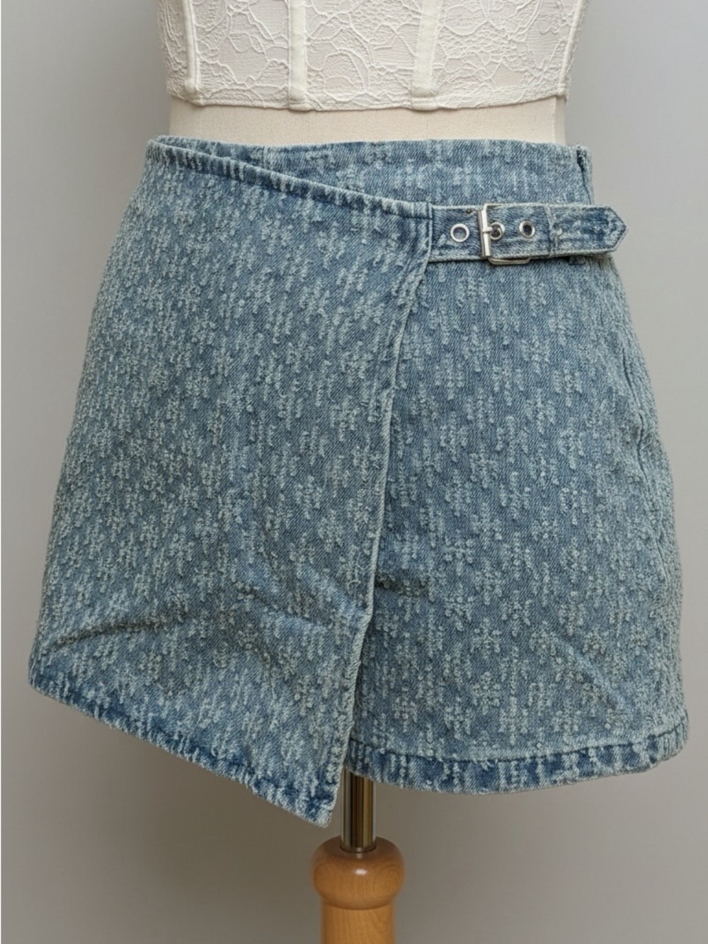 Y2K Acid Wash Denim Wrap Skort Buckle Mini Skirt Festival Coquette 90s